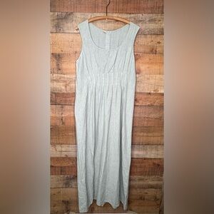 100% Linen Dress Large Lagenlook Kleen Pleated Cottagecore Vintage Button Back